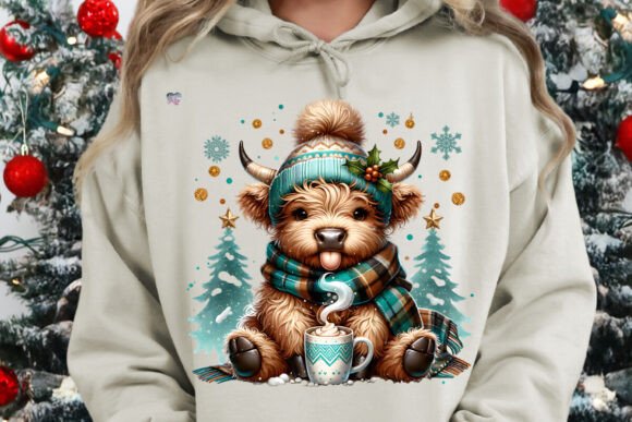 Cute Highland Cow PNG Green Christmas Trees: A Festive Digital Design for Creative Projects